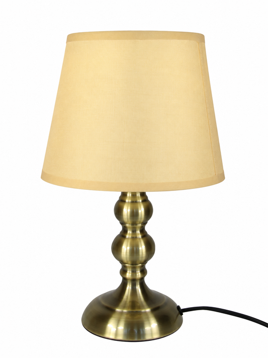 Mini Antique Brass Table Lamp with Beige Shade [Energy Class A] E27 Bulb Holder, In-Line Switch, 30cm Total Height, 1.5m Cable, UK 3-Pin Plug