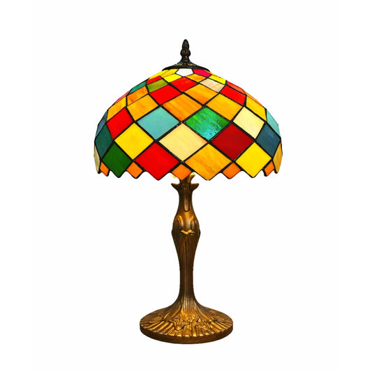 Tiffany Style Table Lamp, 49cm Height, Multicoloured Stained Glass Shade, Antique Bronze Base
