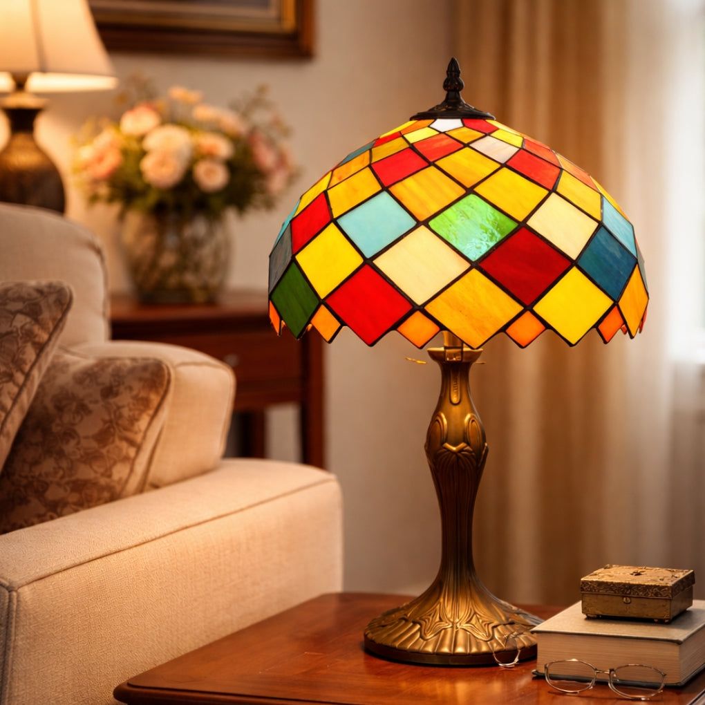 Tiffany Style Table Lamp, 49cm Height, Multicoloured Stained Glass Shade, Antique Bronze Base