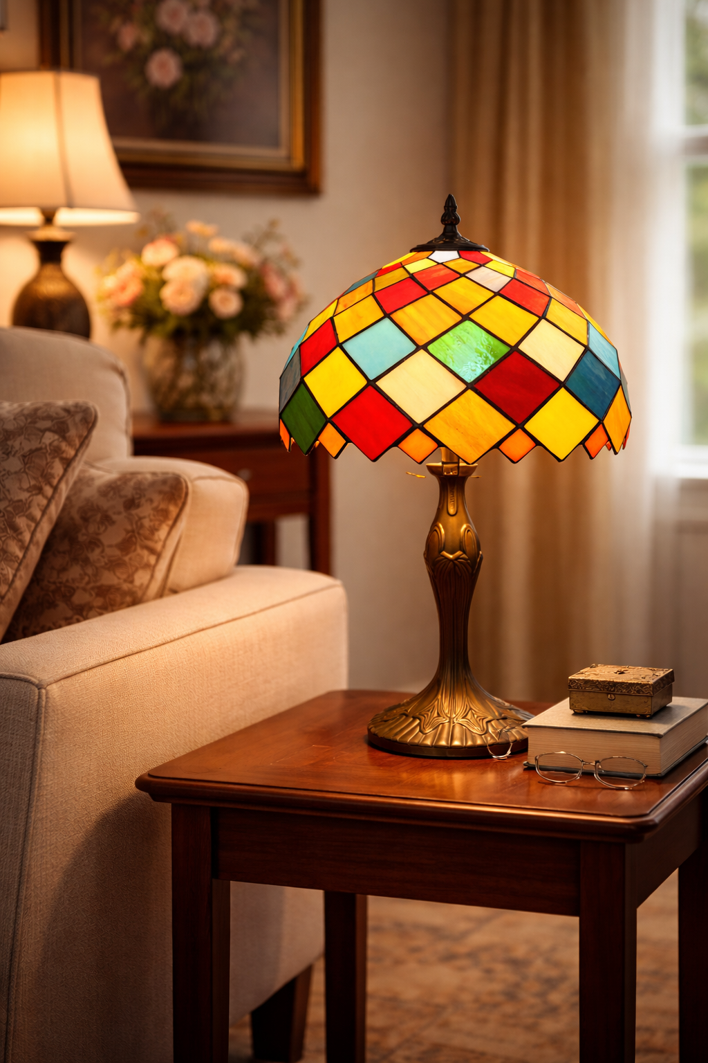 Tiffany Style Table Lamp, 49cm Height, Multicoloured Stained Glass Shade, Antique Bronze Base
