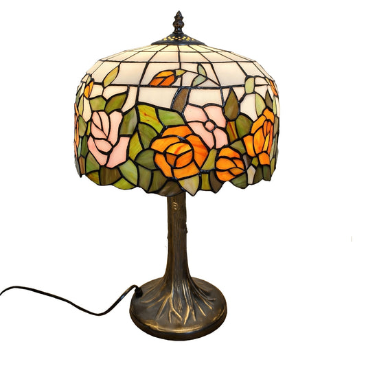 Tiffany Style Table Lamp, 49cm Height, Orange Rose Floral Design, Antique Aluminium Base