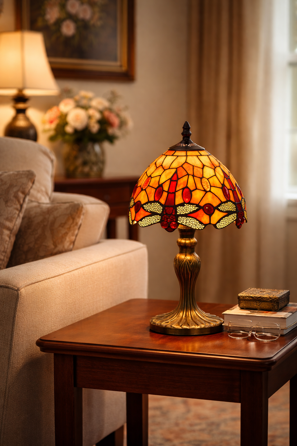 Classic Tiffany Style Table Lamp, 20cm Stained Glass Dragonfly Shade, 37cm Height - Orange