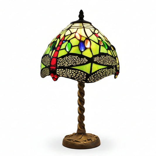 Tiffany Stained Glass Table Lamp Green Dragonfly with Coloured Jewels