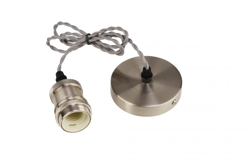 Chrome -Twisted Textile Braided Silver Wire Cable Suspension, E27 Bulb Holder and Ceiling Rose