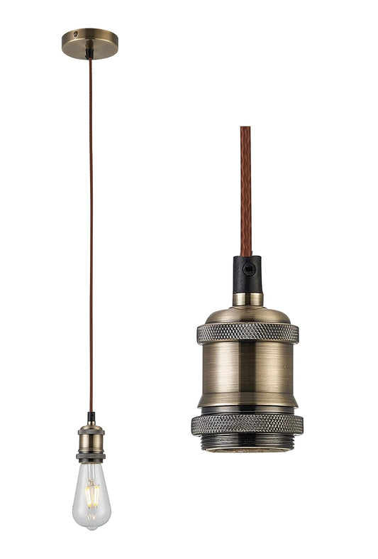 Antique Brass Textile Braided Brown Wire Cable Suspension, E27 Bulb Holder and Ceiling Rose