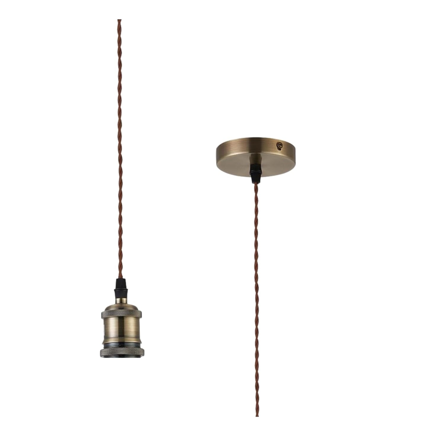 Antique Brass Textile Twisted Braided Brown Wire Cable Suspension, E27 Bulb Holder and Ceiling Rose