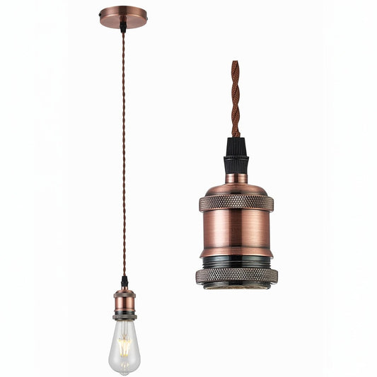 Copper Twisted Textile Braided Brown Wire Cable Suspension, E27 Bulb Holder and Ceiling Rose