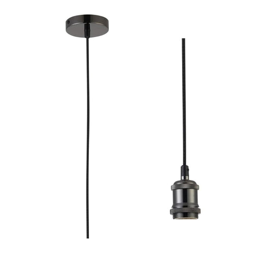 Black Chrome Textile Braided Brown Wire Cable Suspension, E27 Bulb Holder and Ceiling Rose