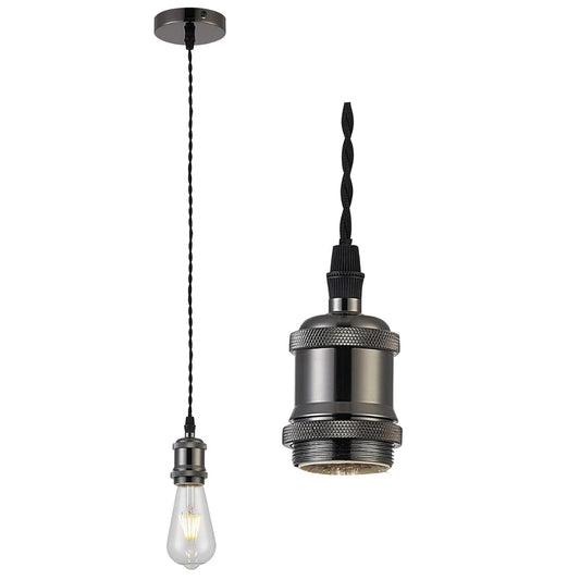 Black Chrome Twisted Textile Braided Brown Wire Cable Suspension, E27 Bulb Holder and Ceiling Rose