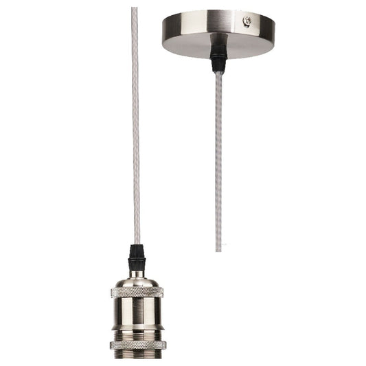 Chrome -Textile Braided Silver Wire Cable Suspension, E27 Bulb Holder and Ceiling Rose