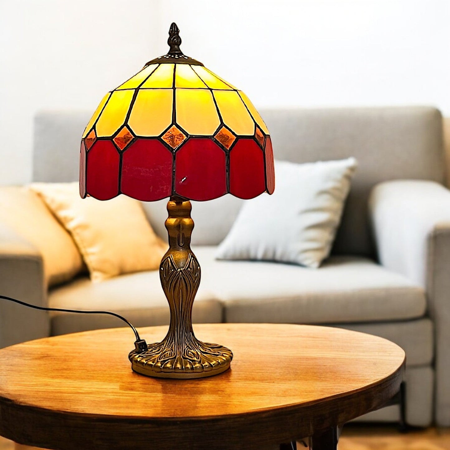Red Beige Tiffany Bistro 20cm Diameter Table Lamp Complete