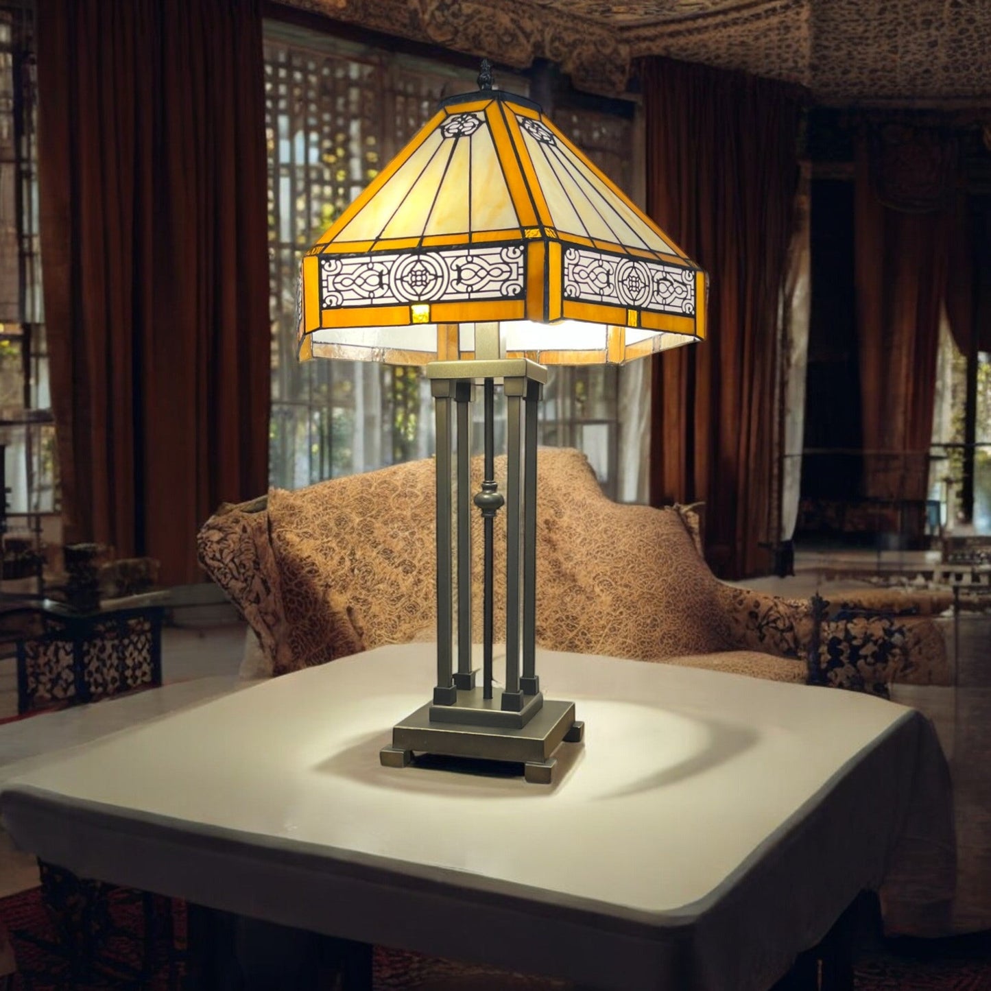 Tiffany Style Table Lamp, 65 cm Height, 41 cm Hexagonal Shade, Art Deco Oriental Design, Antique Bronze Base