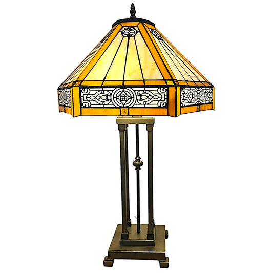 Tiffany Style Table Lamp, 65 cm Height, 41 cm Hexagonal Shade, Art Deco Oriental Design, Antique Bronze Base