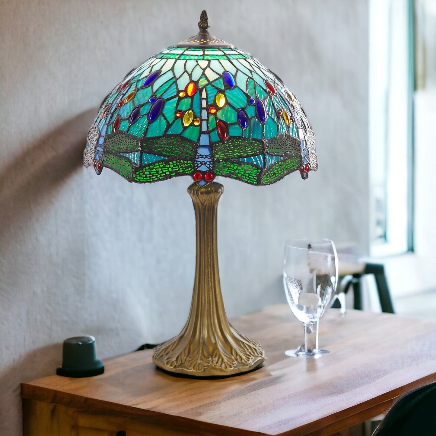 Classic Aqua Blue Dragonfly Table Lamp - 12 inch Diameter