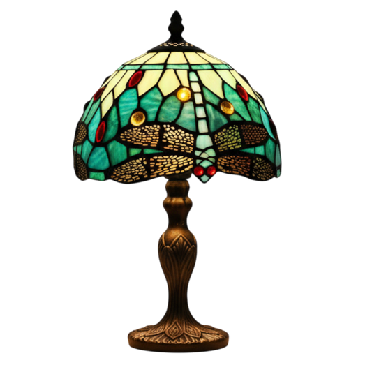 Classic Tiffany Style Table Lamp, 20cm Stained Glass Dragonfly Shade, 37cm Height - Aqua Blue