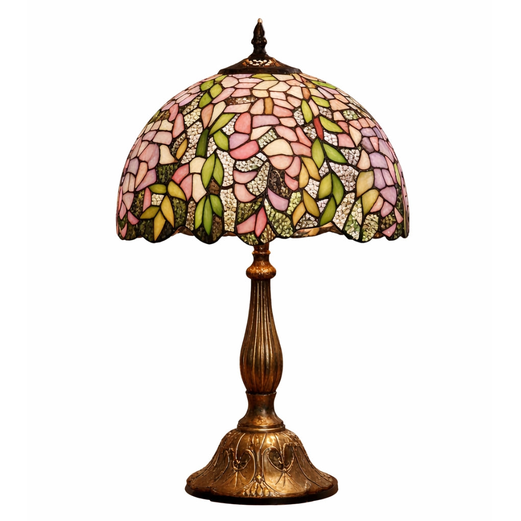 Tiffany Style Stained Glass Table Lamp Complete – Vintage Wisteria Floral Design - 30cm Diameter Shade