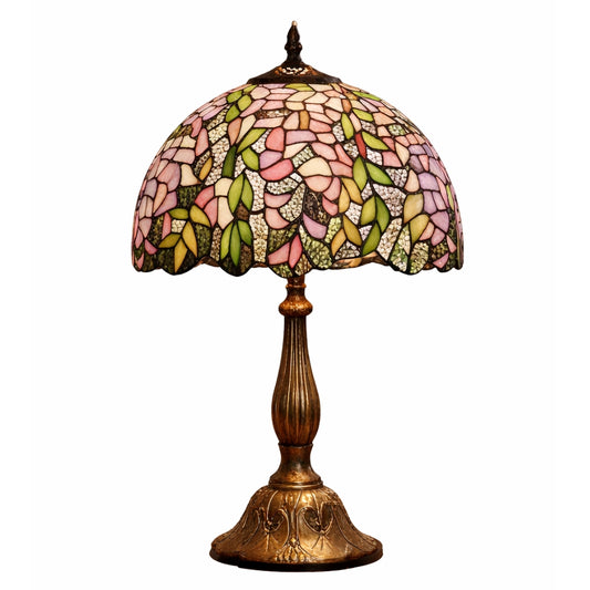 Tiffany Style Stained Glass Table Lamp Complete – Vintage Wisteria Floral Design - 30cm Diameter Shade