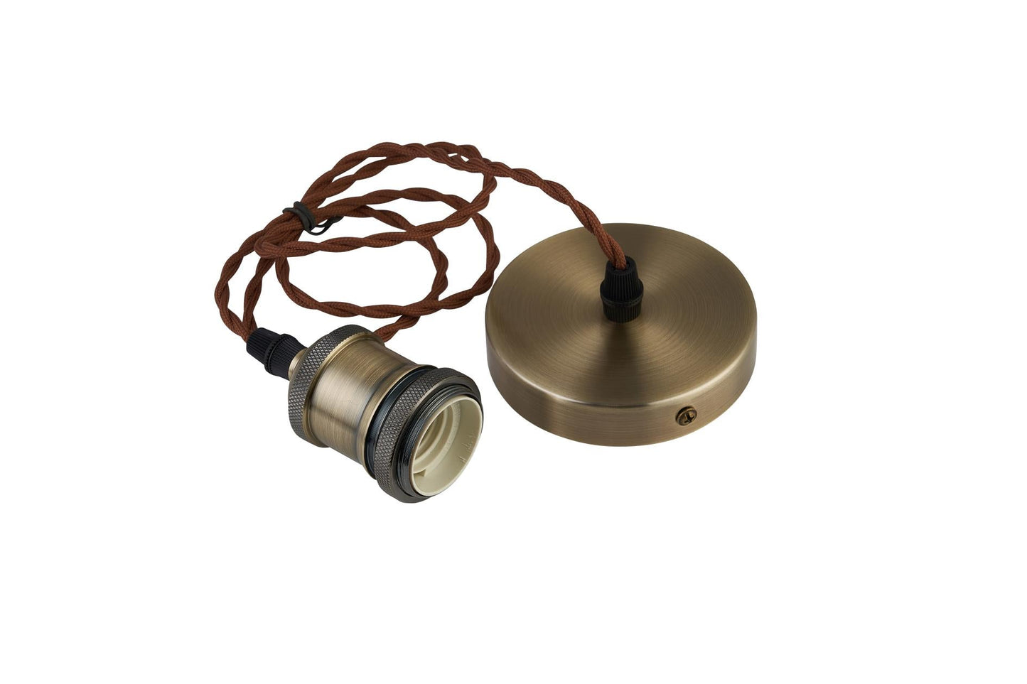 Antique Brass Textile Twisted Braided Brown Wire Cable Suspension, E27 Bulb Holder and Ceiling Rose